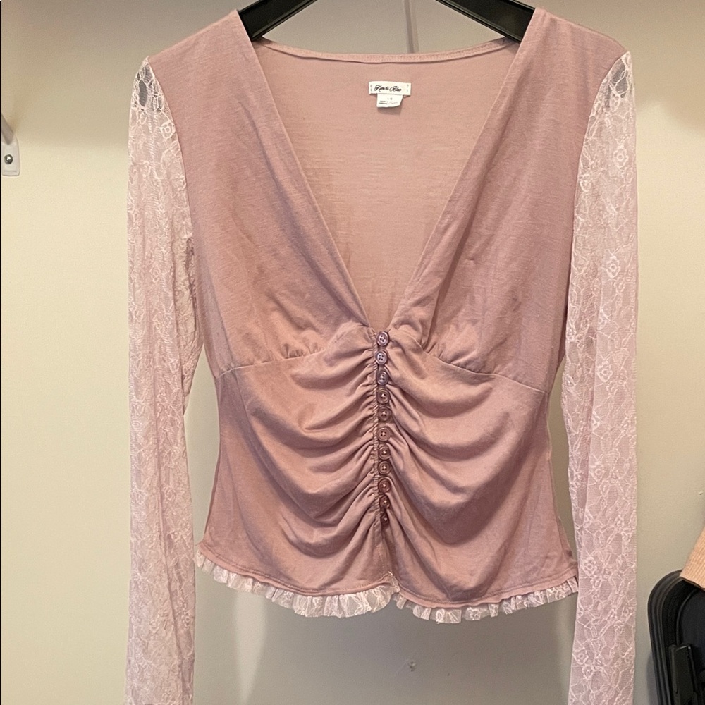 Urban Outfitters Mauve Ruched Lace Sleeve Blouse